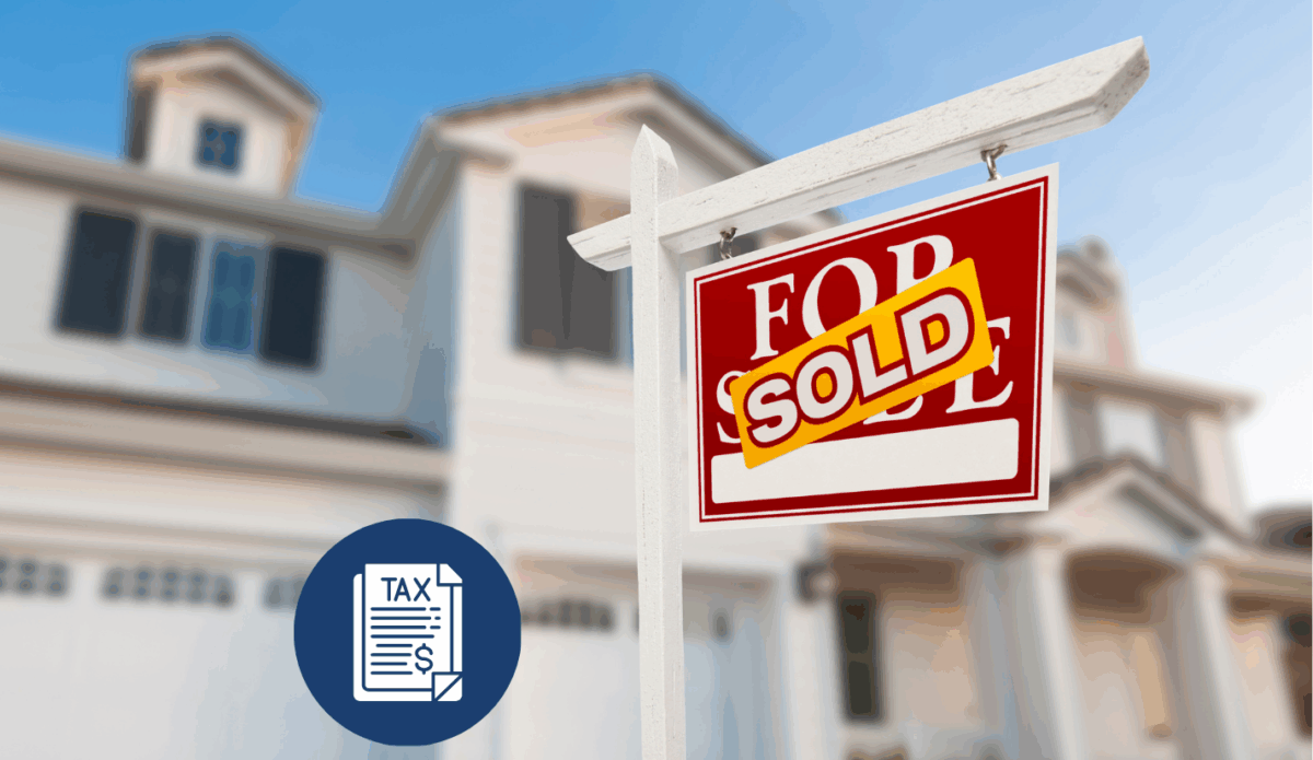 Two-story house with for sale sign in front with word sold across sign with navy overlay