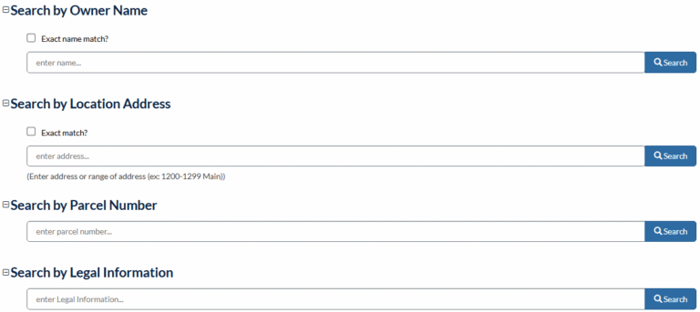 Image of screen showing property search options - search by owner name, search by location address, search by parcel number, and search by legal information