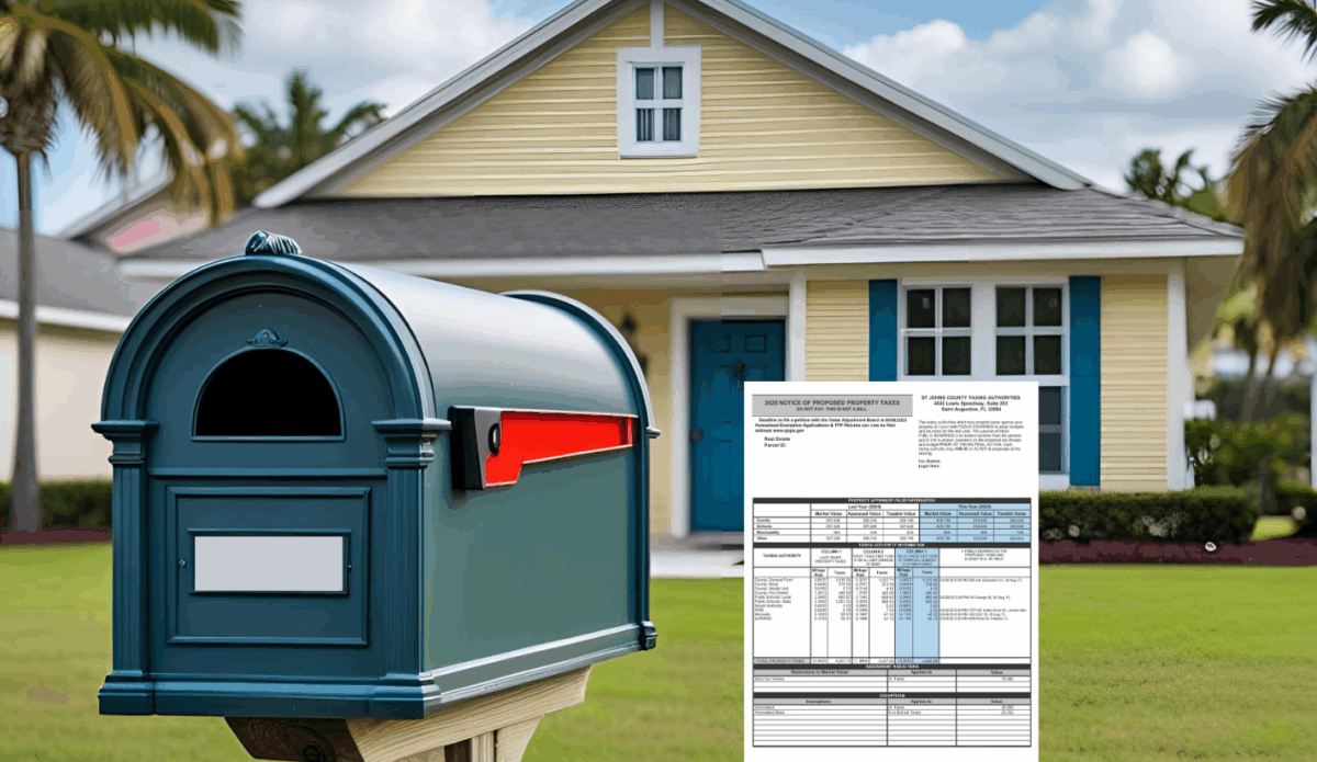 Mailbox in front with yellow house in background with TRIM notice image added near mailbox