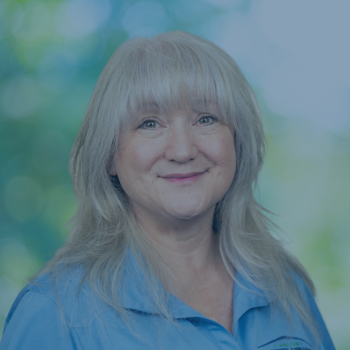 Professional photo of Kim Terrell with blue shirt and green background with navy overlay