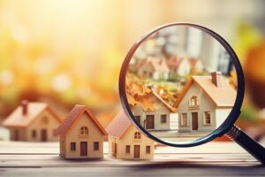 Image of small toy-like houses with fall leaves in background with magnifying glass showing larger version of the houses
