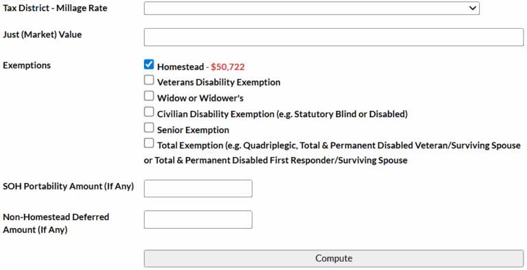 Image of tax estimator screen showing fields to fill in, including tax district, just (market) value, exemptions, portability, non-homestead deferred amount, and then the compute button