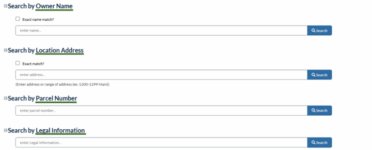Image of screen showing property search options - search by owner name, search by location address, search by parcel number, and search by legal information