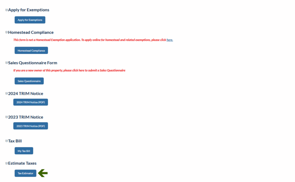 Image of screen showing part of online property record card with arrow pointing to tax estimator button to click