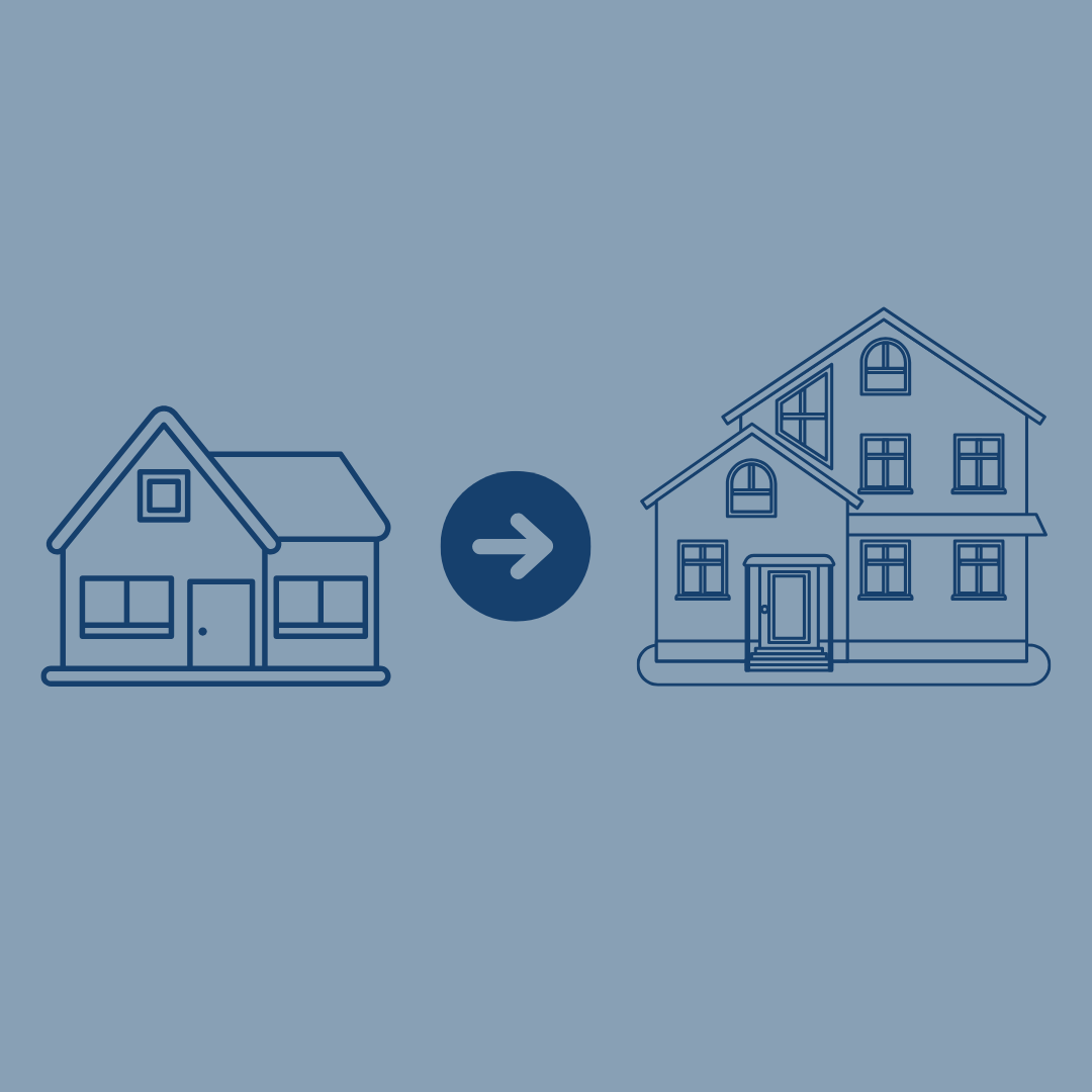 Graphic of one-story house with arrow pointing to graphic of two-story house in navy blue to demonstrate portability
