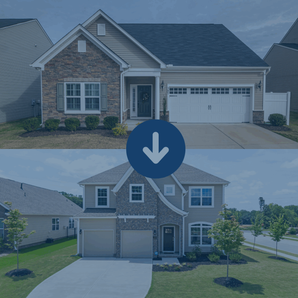 Photo of single-story house with arrow pointing to another photo of a two-story house