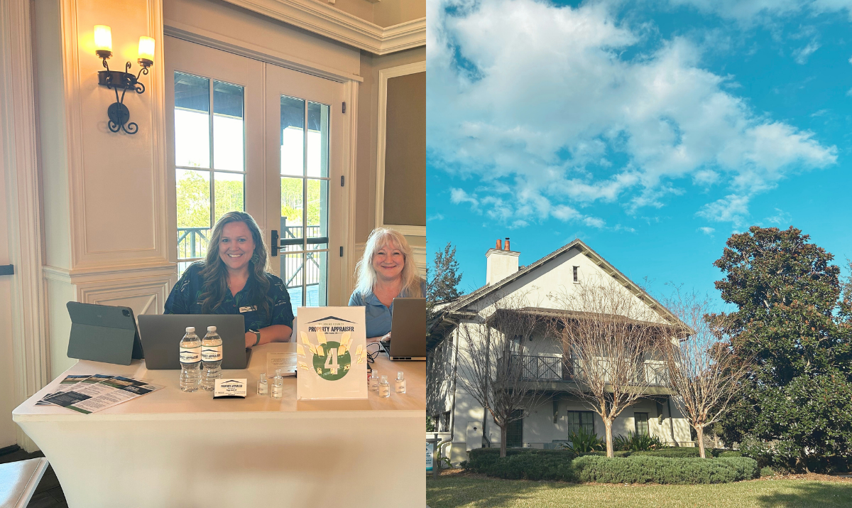 A two-story building with balcony, which is Crosswater Hall, is shown with a circle photo of two employees at table with computers at outreach event