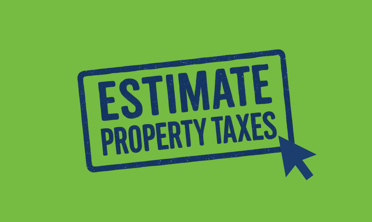 Navy stamp that says estimate property taxes with mouse arrow pointing to stamp and green background