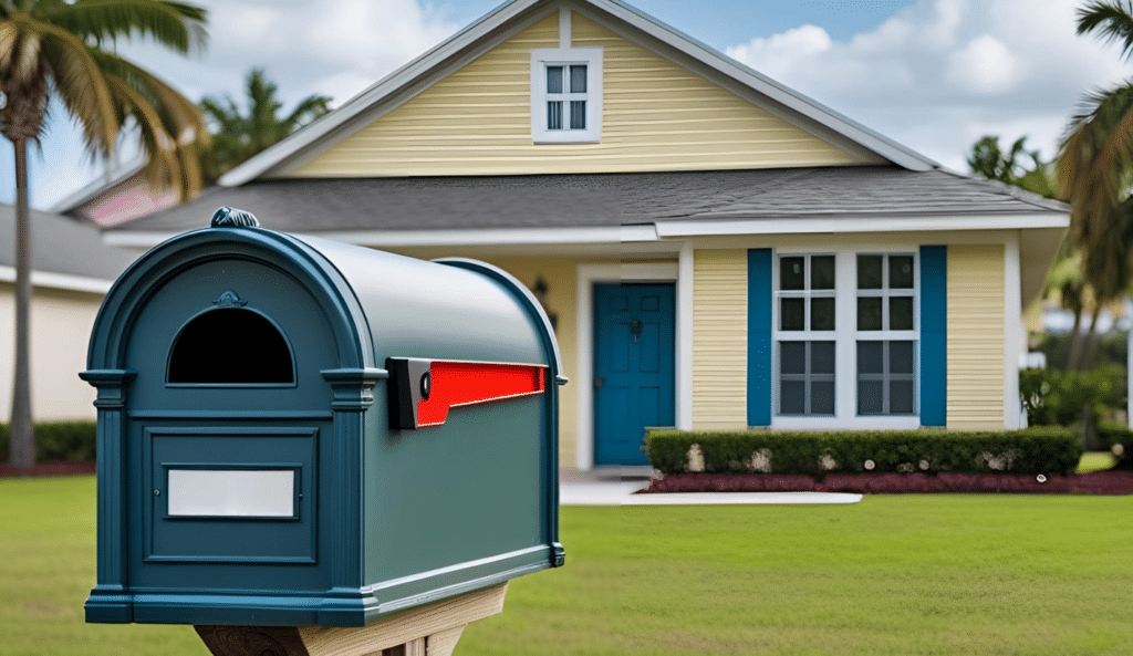 Green mailbox with yellow house in background